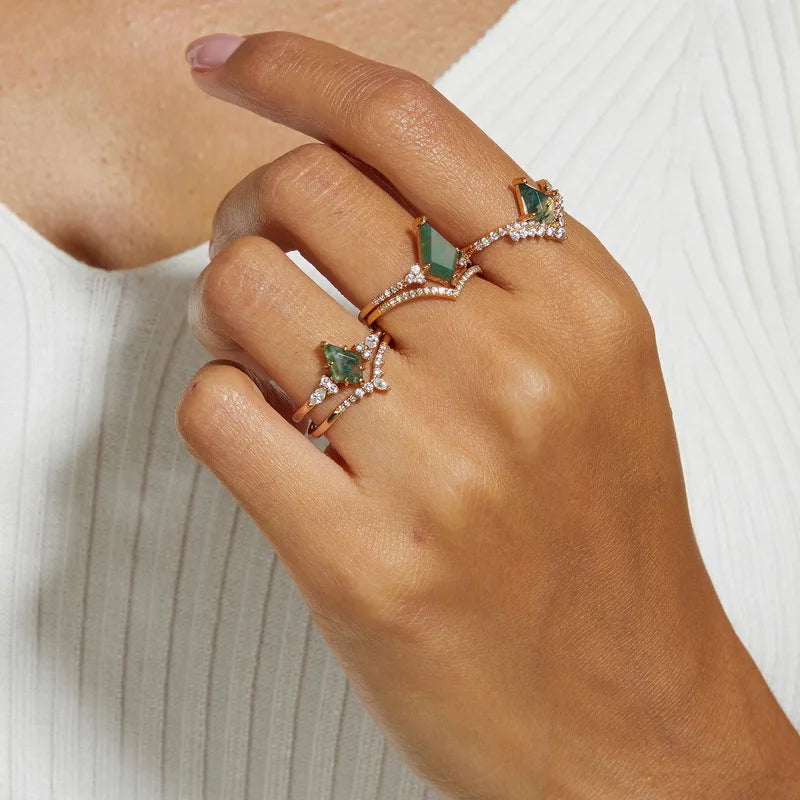 New 6*9mm Moss Agate Ring Set for Women 10k Plated Green Moss Stone Band Wedding Party 100% Real 925 Silver Fine Jewelry