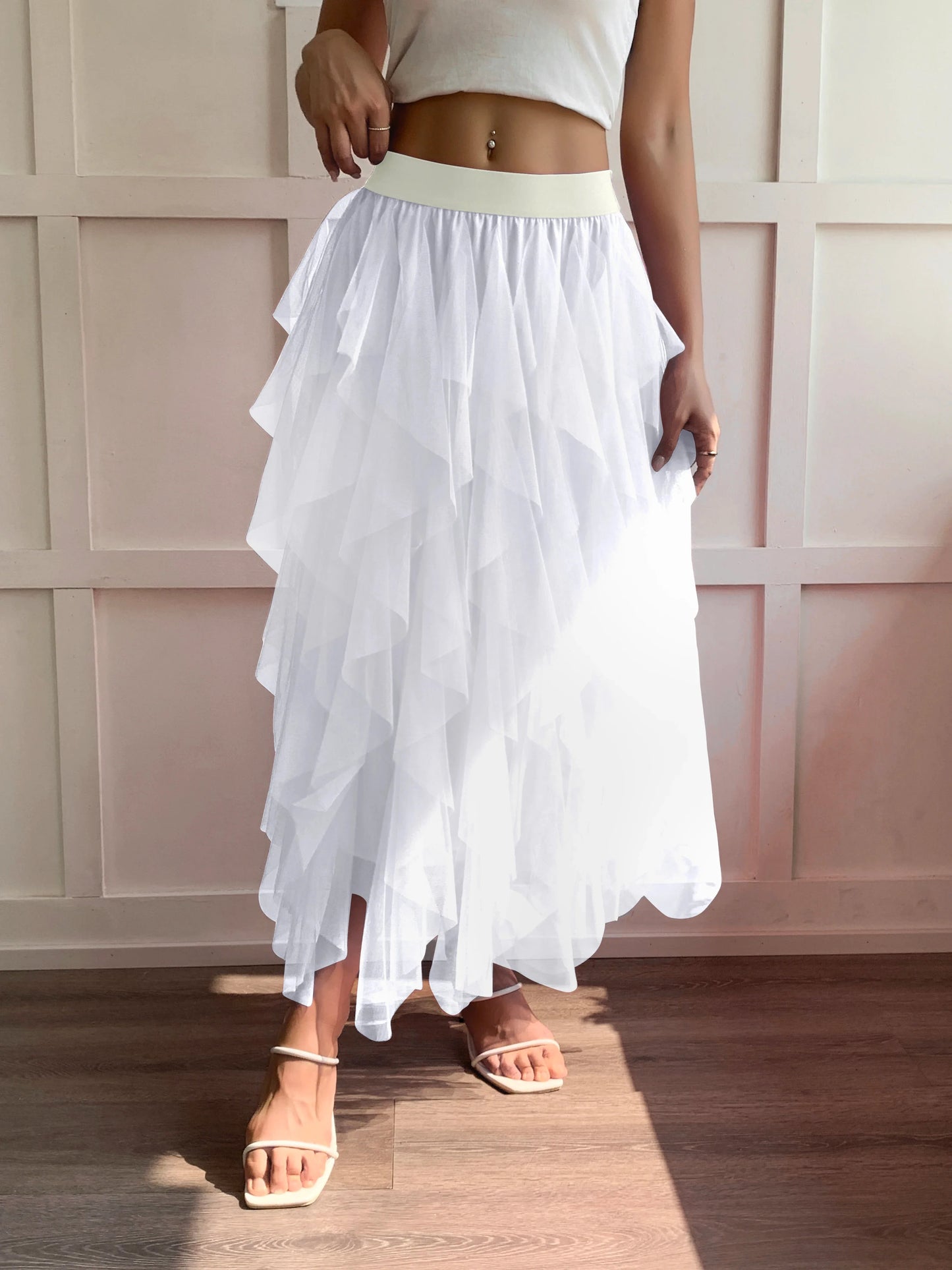 Medium waist chiffon long skirt for women, irregular layered pleated edge layered cake skirt, elegant fairy A-line skirt