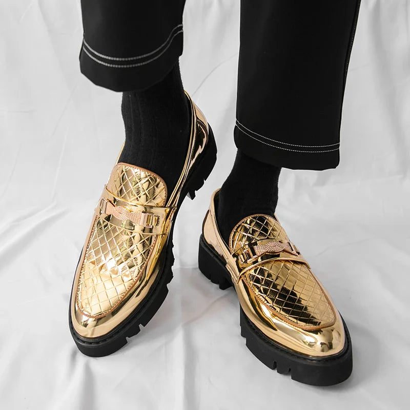 British Style Gold Luxury Loafers For Man Leather Shoes Design Pointed Toe Men's Dress Shoes Casual Wedding Formal Shoes Men