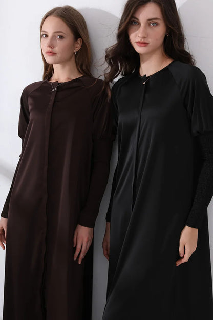 woman clothing satin dress button down design smocking sleeve maxi dress ( Ship out in 1 day)