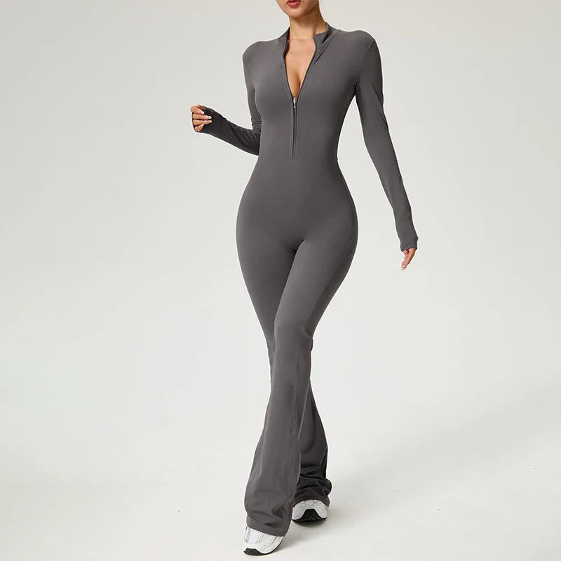 Zipper Jumpsuit Flared Pants Women Clothing Sportswear Gym Yoga Sport Sets Spandex Nylon Workout Sets Women Tracksuit