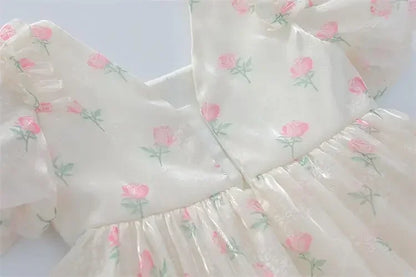 Summer Girls 1-8 Years Floral Roses Princess Dress Lace Tiered Bow Back Pearl Accented Knee-Length Party Birthday Celebration