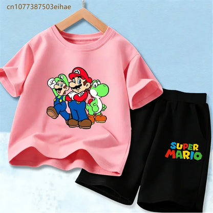 Cute Mario Pattern Children 2 Piece Suits Pure Cotton Short Sleeve Tee Tops + Fashion Shorts Summer Casual Daily Wear