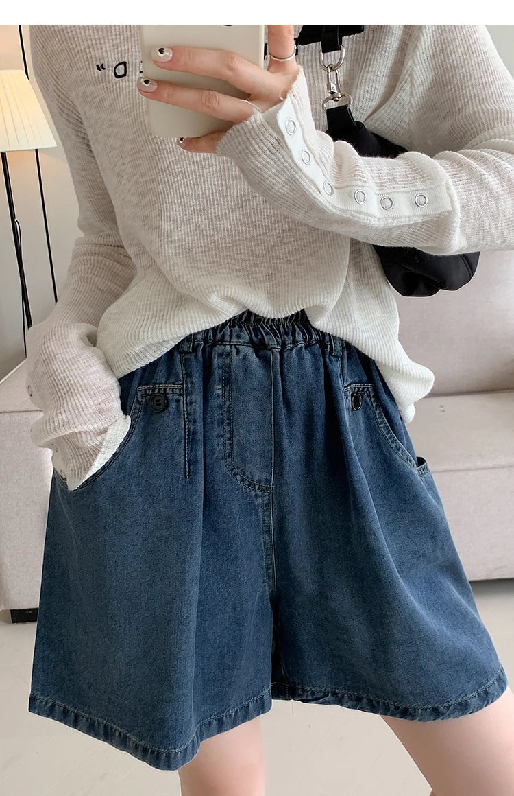 New 2024 Summer Plus Size Denim Shorts For Women High Elastic Wasit Wide Leg Loose Blue Jean Short Women Streetwear Half Jeans