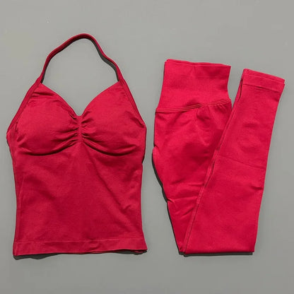 2Piece Sports Gym Set Women Longline Strappy Top Fitness Clothes Seamless Yoga Set Running Workout Sports Leggings Sets