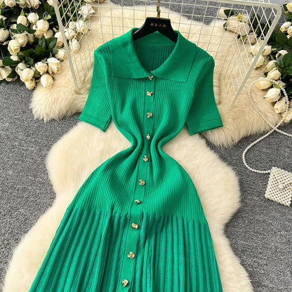 Fashion Elegant Patchwork Knitted Maxi Dress 2025 Summer Lady Turn-down Collar Shirt Sweater Dress Party Vestidos