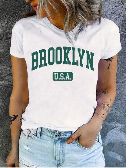 Brooklyn USA Women's Tee - Varsity Style Graphic, Casual Daily Wear