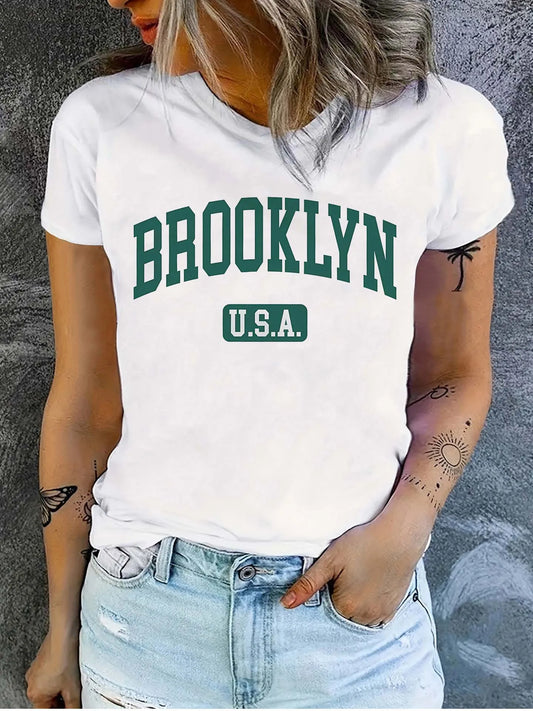 Brooklyn USA Women's Tee - Varsity Style Graphic, Casual Daily Wear