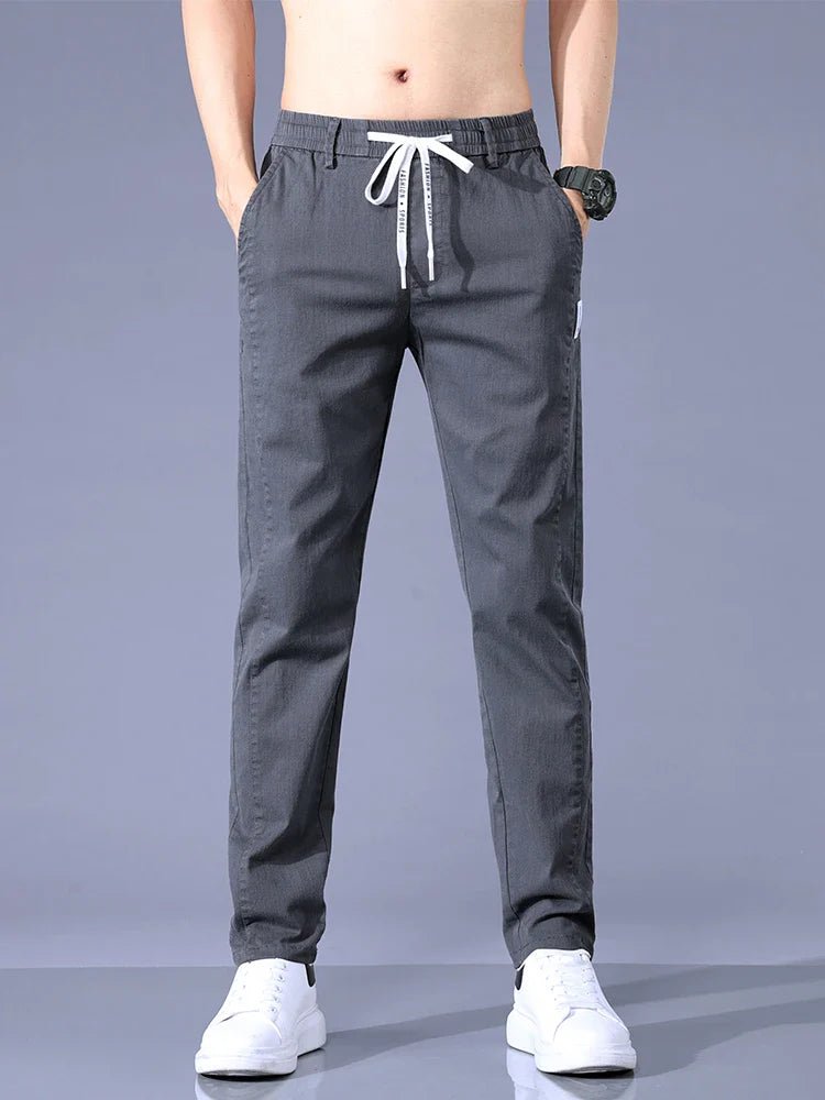 Size 28-38 Thin Casual Pants Mens Slim Simple Cotton Stretch Spring Summer Trousers Elastic Waist Drawstring Jogging Sweatpants