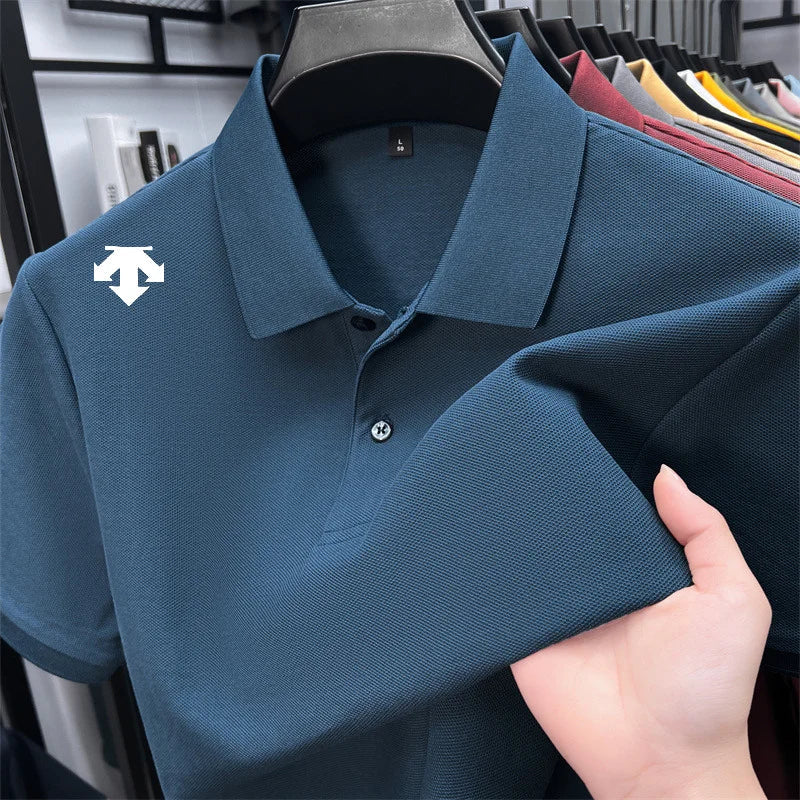 100% men's summer luxury brand polo shirt lapel geometric printing short sleeves t-shirt outdoor leisure men clothing tops