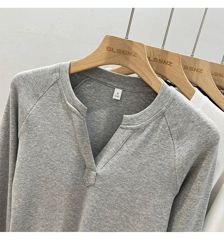 2026 Women's Basic Style Slim Fit V-Neck Long Sleeve T-Shirt Korean Style Versatile Simple Base Layer Top Casual Tee for Women