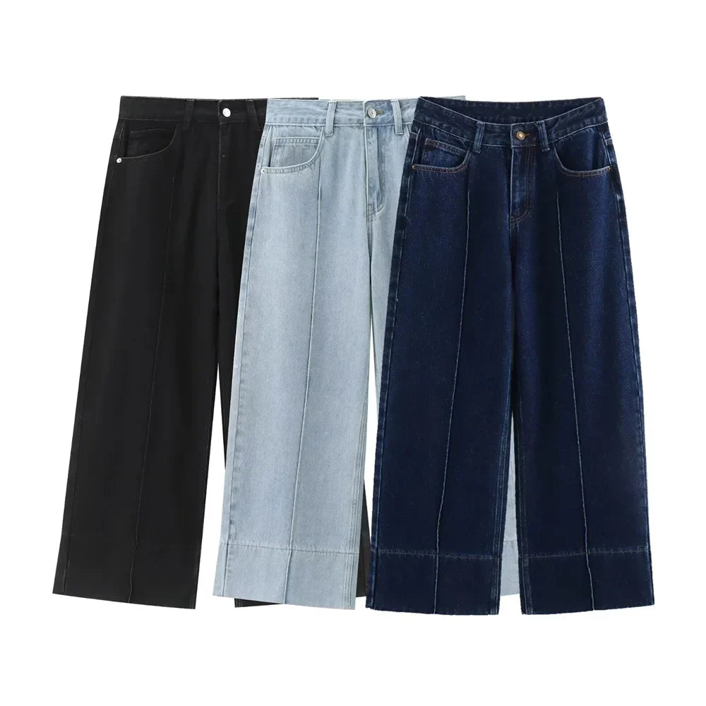 Calça Jeans Feminina de Cintura Alta com Perna Larga, Lisa, Versátil e Solta, Nova Coleção de Verão
