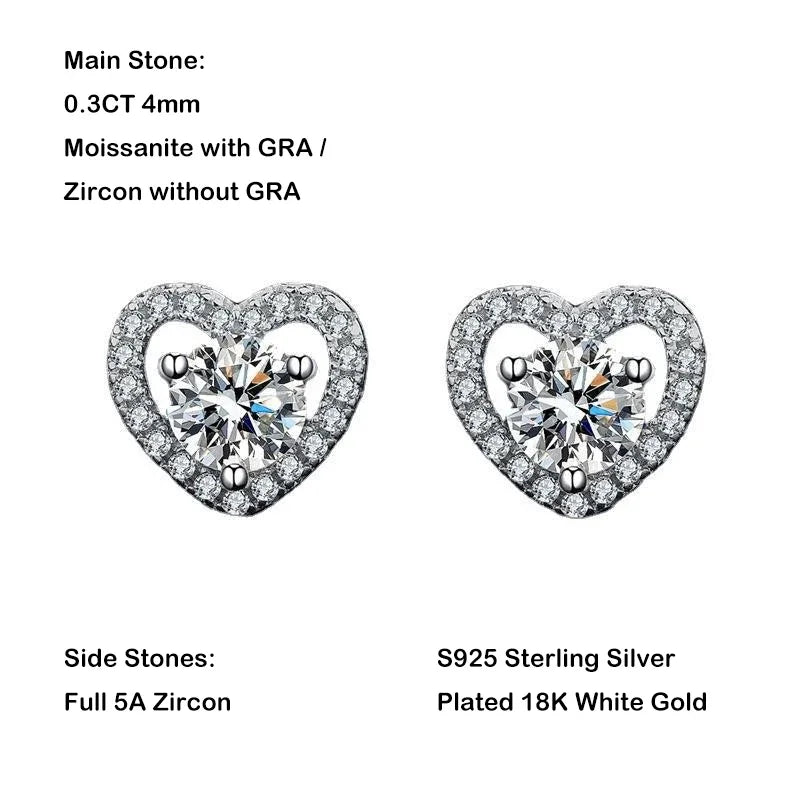 New In 0.3CT 4mm D Color Moissanite Stud Earrings For Women Party 925 Sterling Silver Pass Diamond Test Heart Shape Earring