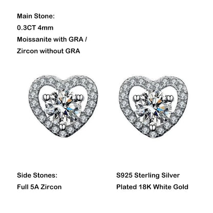 New In 0.3CT 4mm D Color Moissanite Stud Earrings For Women Party 925 Sterling Silver Pass Diamond Test Heart Shape Earring