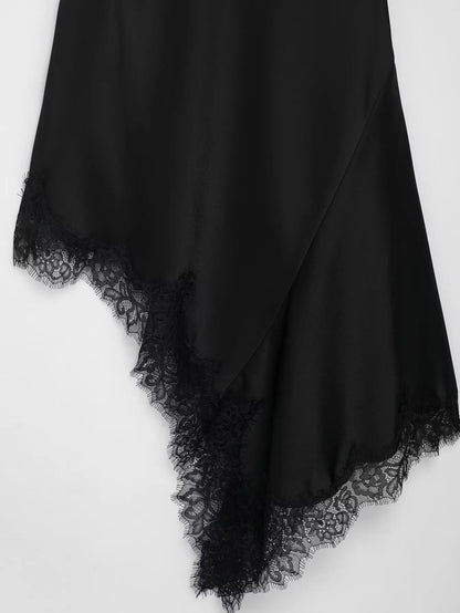Summer New Product Women's Lace Decorative Satin Texture Strap Sexy Dress with Hanging Neck and Asymmetric Bottom