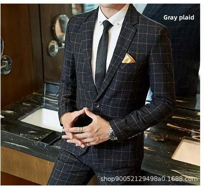 Men's Slim Fit Plaid Wedding Suit Jacket Korean Style Business Casual Single-breasted Suit with Set Wedding Groomsmen Wear