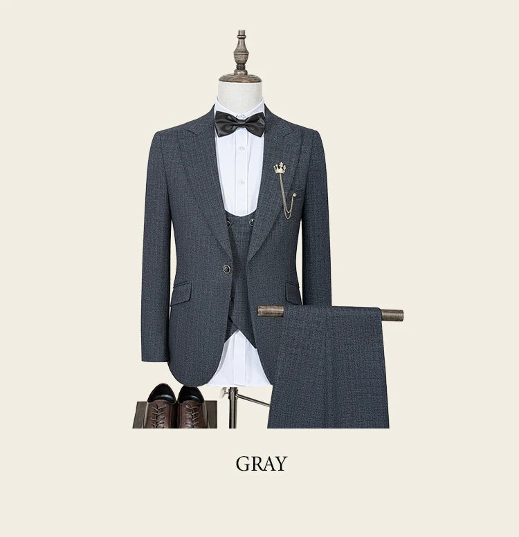 Black Men suit 3 piece set  gray elegant slim fit formal office and leisure banquet groomsman set groom's wedding dress