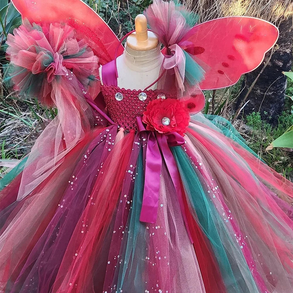 Girls Red Glitter Flower Tutu Dress Kids Glitter Tulle Dress Ball Gown with Wing Children Birthday Party Costume Dresses