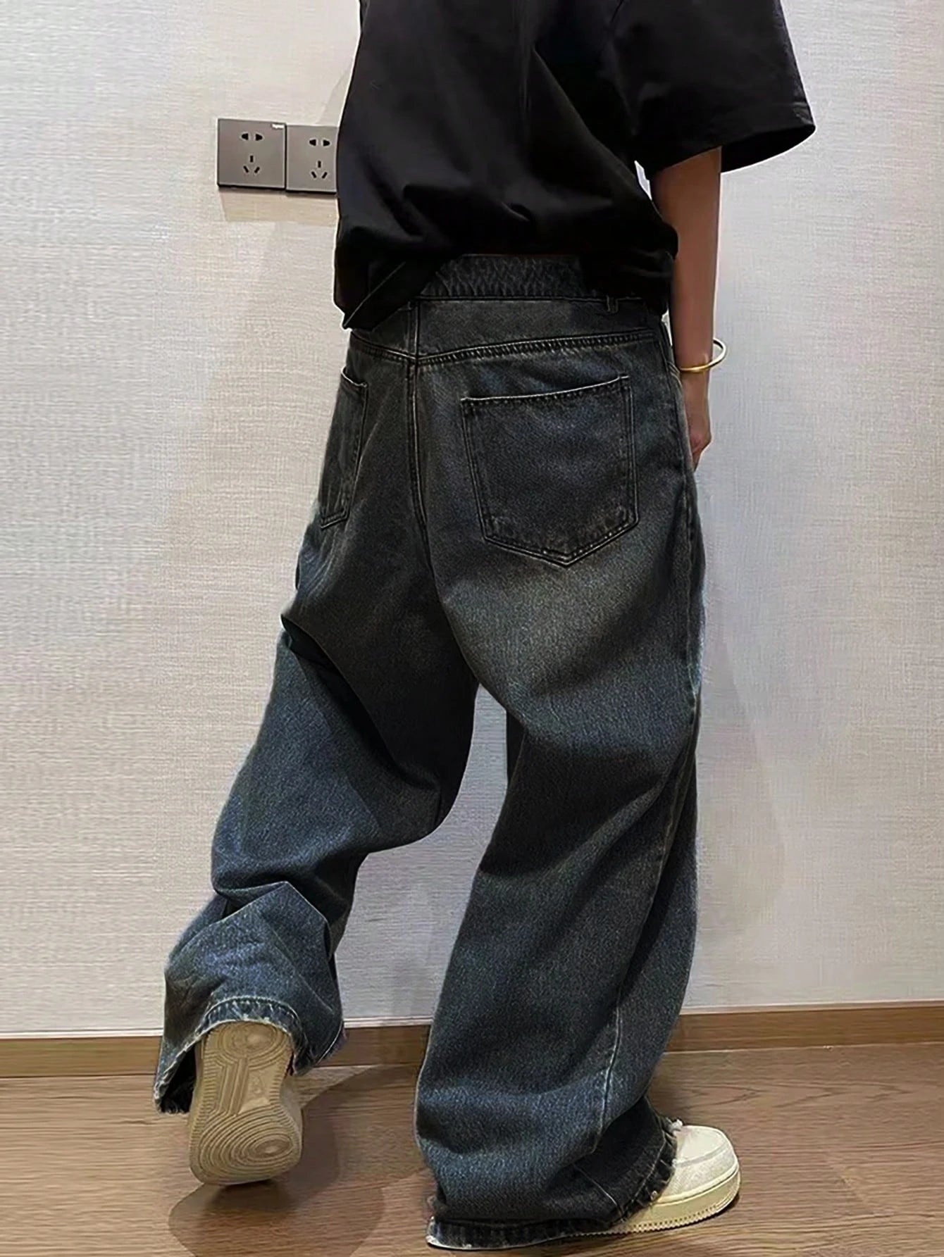 1 Calça Larga Masculina Jeans Escovado Jeans Largo Y2K Novo Rocks Jeans Buggy Preto Calça Hip-Hop