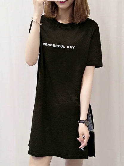 WONDERFUL DAY Print Long T shirts Summer Women Loose Slit Femme Tops  Tshirt Short sleeve Ladies t-shirt