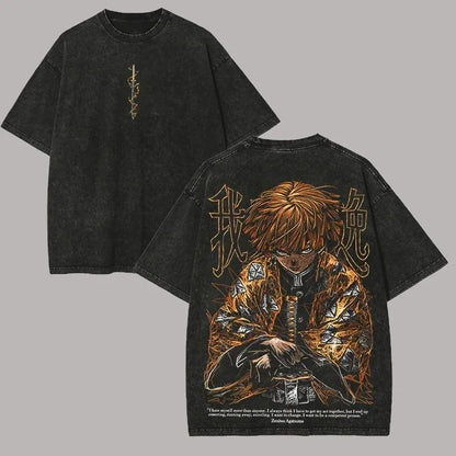 Summer Men's Washes T-shirts Japanese Anime Demon Slayer Agatsuma Zenitsu Graphic Clothing Harajuku Y2K Oversized  Cotton Tops