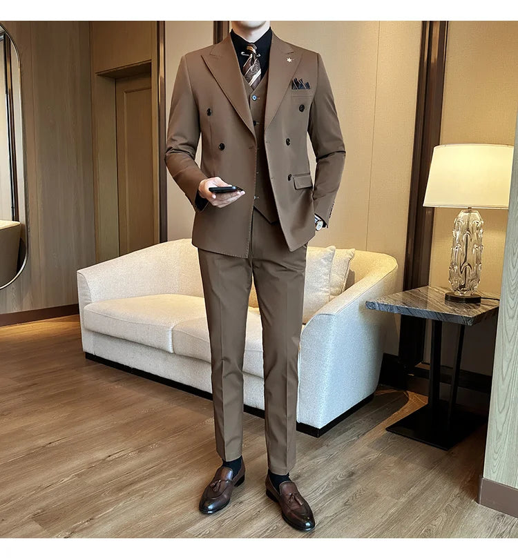 (Jackets+Pants) Luxury Double Breasted Design Slim Fit Suit High Quality Fashion Men's Wedding Social Suit Tuxedo 2 Piece Set