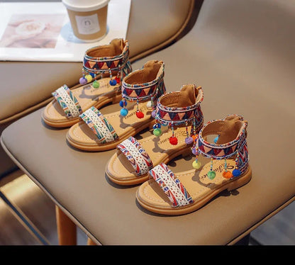 Ethnic Style Simple Children Roman Shoes 2024New Soft Breatheable Flats Open-toe Kids Shoes Non-slip Girls Sandals GLADIATOR