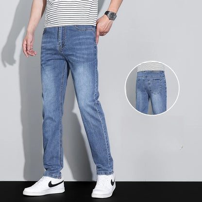 Men's Ice Silk Denim Cargo Pants Summer New Thin Business Casual Jeans Outdoor Y2K All Match Slim Fit Straight Elastic Jean Male