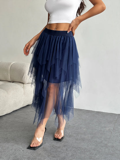 Ladies' high waisted elastic waist layered chiffon midi skirt with irregular asymmetric hem party casual mesh fairy ballet skirt