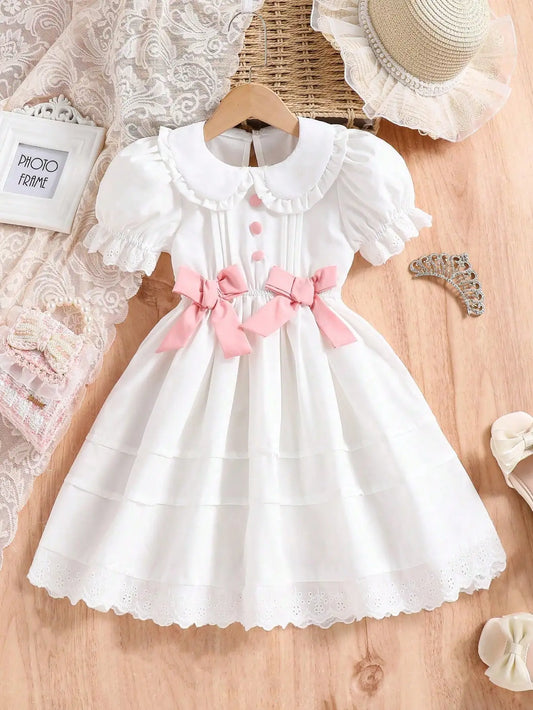Little Girl's Romantic and Elegant White Princess-Style Dress, Decorated with Bows, Stylish Puff Sleeves, Suitable for Birthday Parties, Holiday Events, and Photography. Suitable for Little Girls Aged 4-7, for Spring a