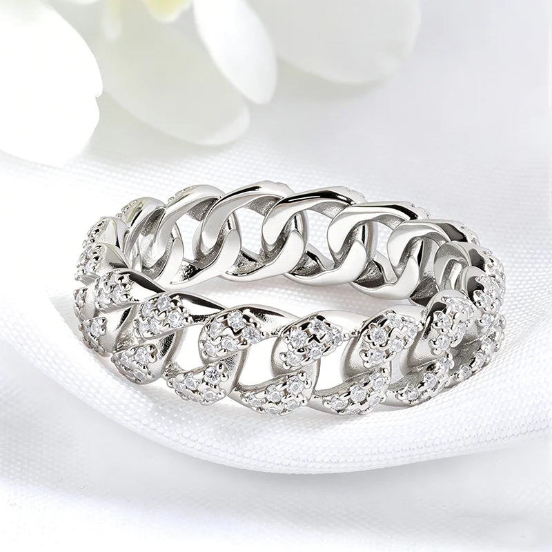 Moissanite Iced Out Cuban Link Rings Pure 925 Silver Bling Hip Hop Chain Ring for Women Men Couple Jewelry D Vvs1 Band
