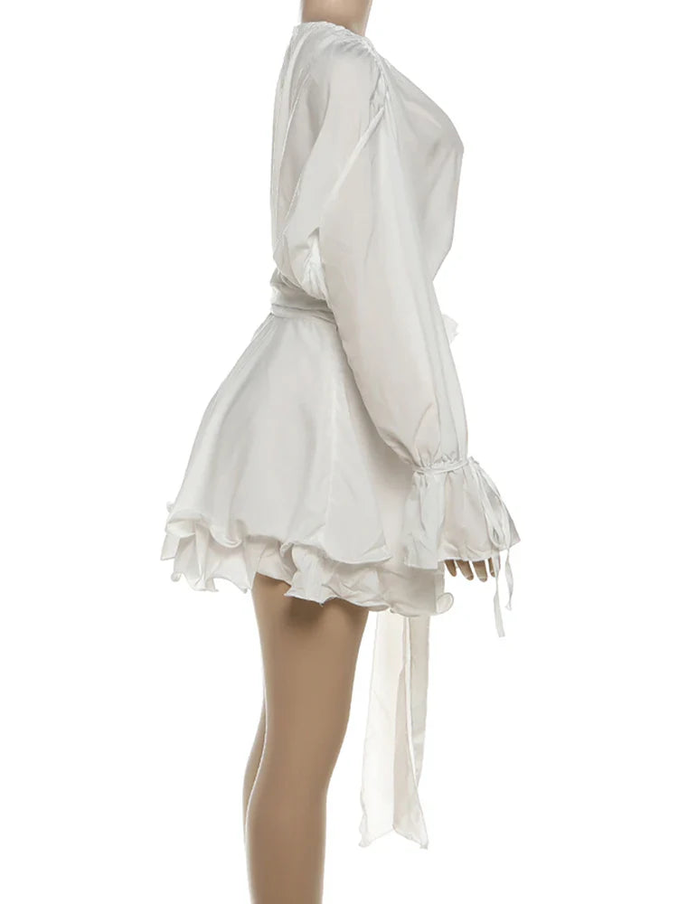 3D Flower Decoration Dress Women Y2K Sweet Style Flare Sleeve Ruched Ribbon Vacation Fashion Summer Mini Bodycon