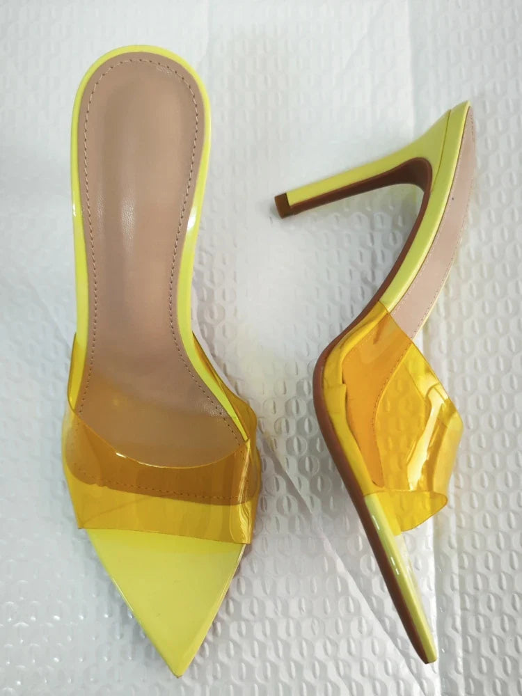Novas Sandálias Femininas de Salto Alto de Verão Simples Transparentes de Salto Alto, Chinelos de Salto Agulha, Bico Fino, Aberto na Frente, Mules
