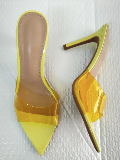 Novas Sandálias Femininas de Salto Alto de Verão Simples Transparentes de Salto Alto, Chinelos de Salto Agulha, Bico Fino, Aberto na Frente, Mules