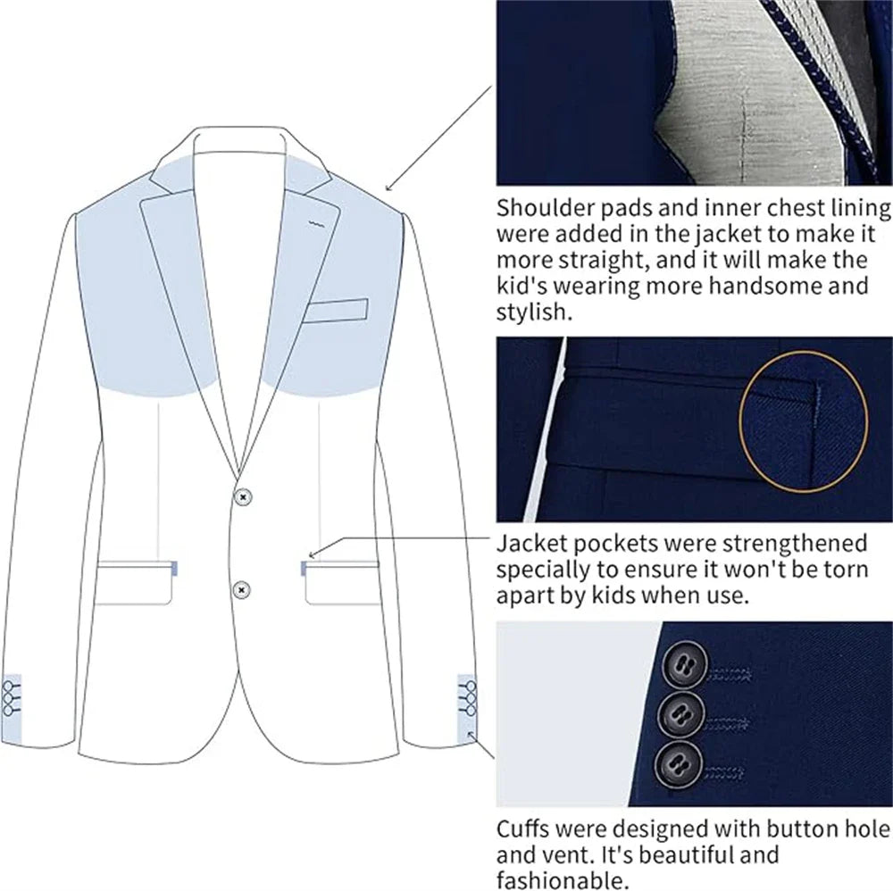 Vintage Boy's 4 Pieces Suit Set Jacket Vest Pants Bow-tie Kids Formal Tuxedo Slim Fit Slit Pocket Child Blazer Suits