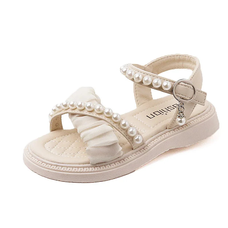 Chic Girls Pearl Flat Sandals 2026 Summer Baby Princess Girls Children Beige Dance Performance Shoes Girl Platform Sandal G05223