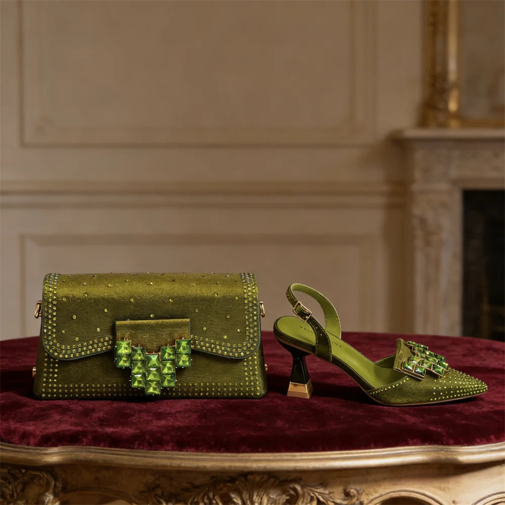 Italian Fashion Design Shoes and Bags Matching Set  High Heels green Color Rhinestones Elegant Women Shoes for Party