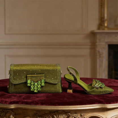 Italian Fashion Design Shoes and Bags Matching Set  High Heels green Color Rhinestones Elegant Women Shoes for Party