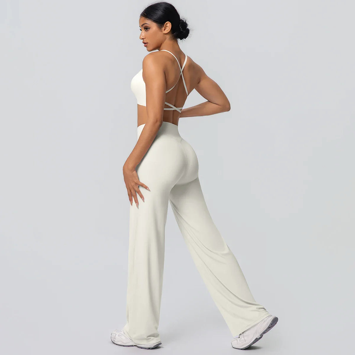 Women Gym Sports Yoga Suit Sexy Beautiful Back Yoga Underwear With Chest Pad Solid Color High Waisted Wide Leg Pants Yoga Set
