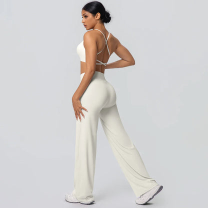 Women Gym Sports Yoga Suit Sexy Beautiful Back Yoga Underwear With Chest Pad Solid Color High Waisted Wide Leg Pants Yoga Set