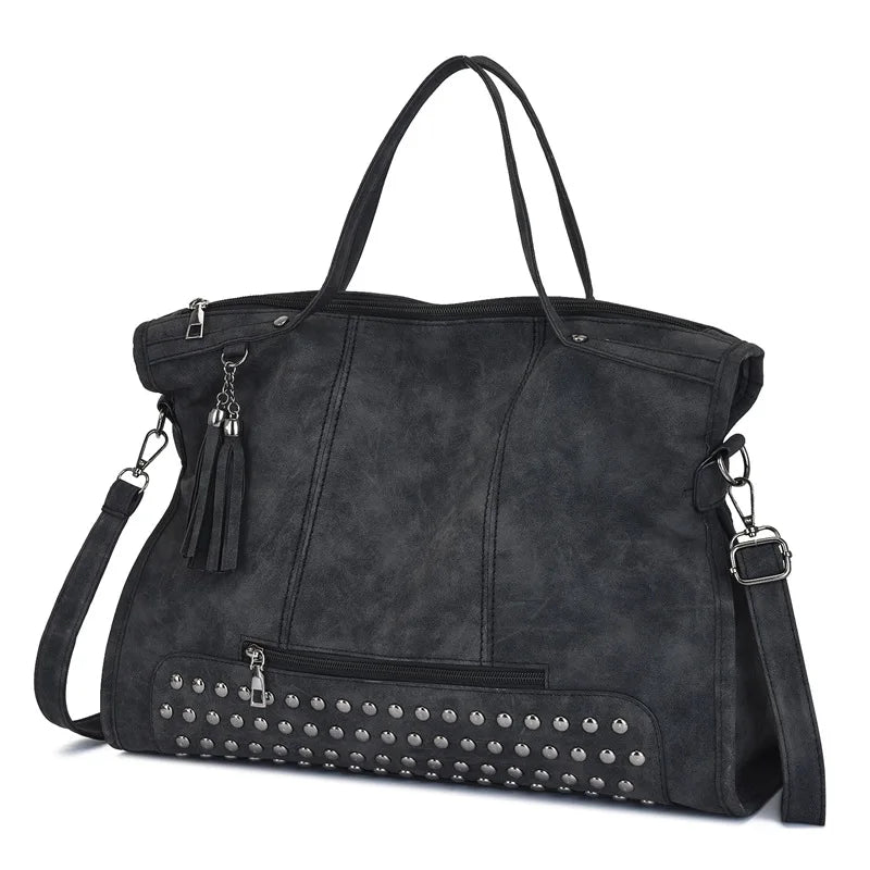 Vintage Designer Luxury Women Tote Bag Casual Lage Capacity Handbags Fashion Rivet Tassel PU Leather Female Shoulder Bag