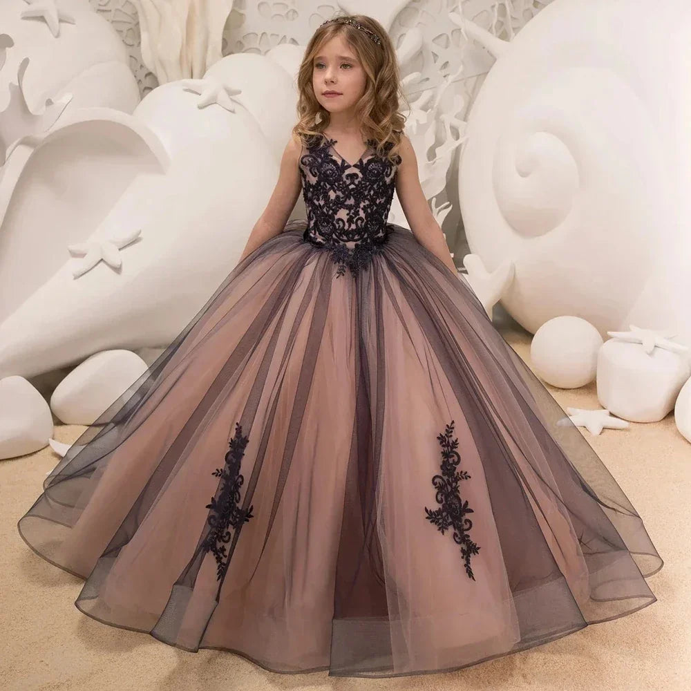 Pretty Dress Pink Flower Girl Dress Princess Lace Floral Appqulies Tulle Fluffy Skirt Floor Length Ball Gowns Comuunion Party