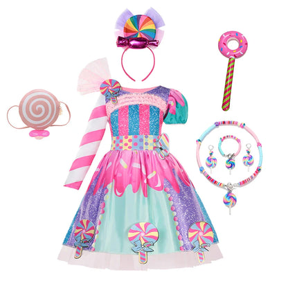Girls Candy Fairy Lollipop Cosplay Costume Toddler Carnival Purim Rainbow Vestidos Girls Birthday Party Long Short Sleeves Dress