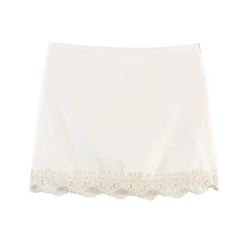 Summer Women Elegant Satin Silk Lace Fringe Mini Skirt High Waist Slim Anti-light Safety Bottoming Half Slip Underskirt 3 Colors