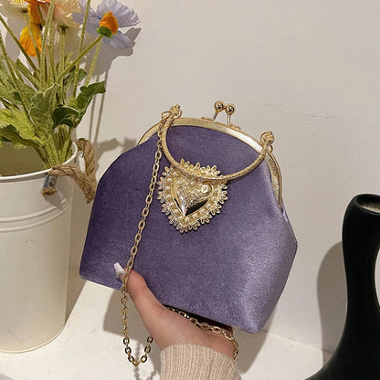 Velvet Frame Heart Dinner Hand Bags Diamonds Chains High Quality Shoulder and Crossbody Bags for Women 2024 Fashion Hot Sale