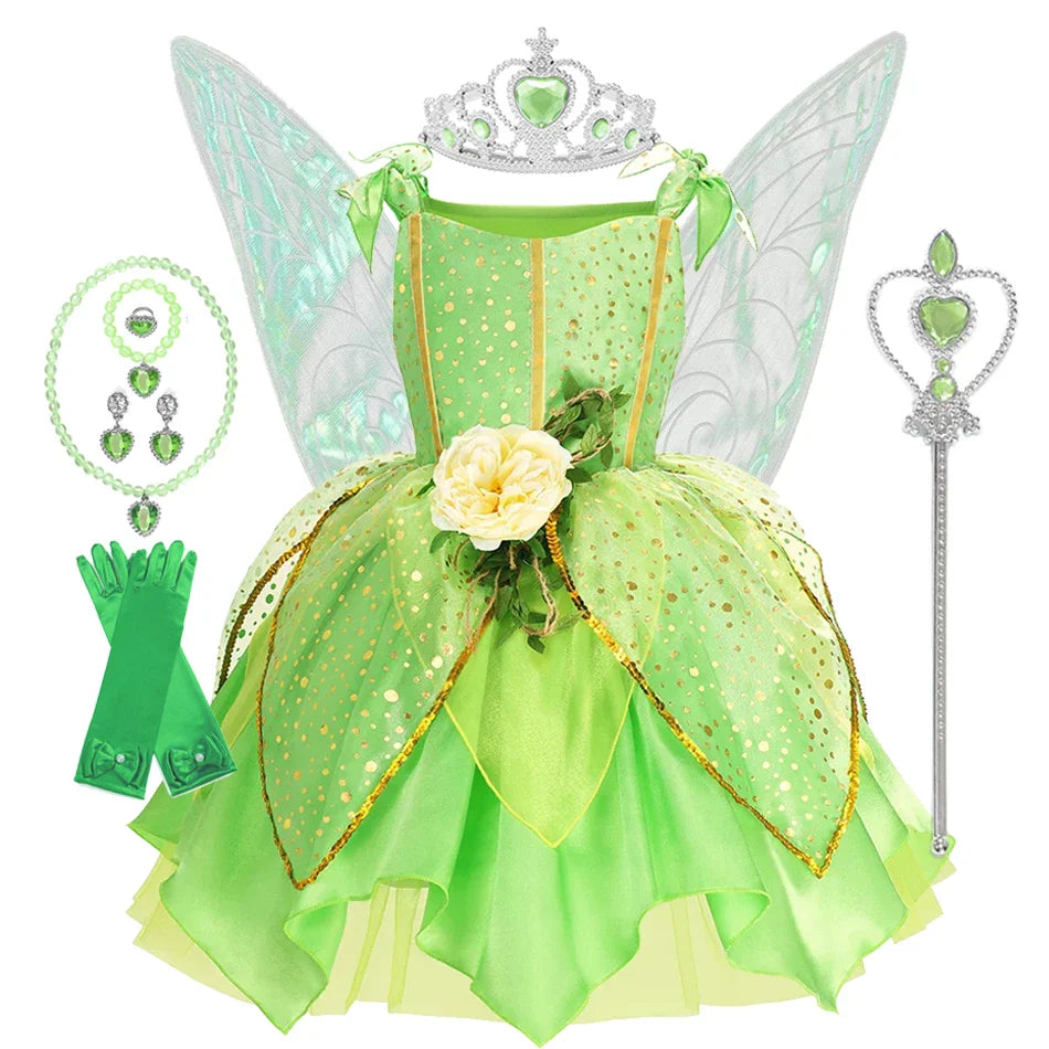 Girls Green Elf Dress Princess Dress Up Children Fairy Dress Halloween Cosplay Beauty Flower Fairy Costume Party Clothing