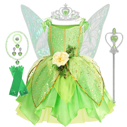 Girls Green Elf Dress Princess Dress Up Children Fairy Dress Halloween Cosplay Beauty Flower Fairy Costume Party Clothing
