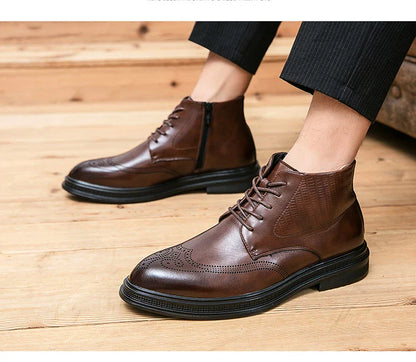 Men Pu Leather High Top Boots With Side Zipper Block Carving Design Business Casual And Handmade Ankle Boots