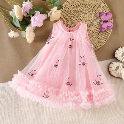 2026 Summer 12M-5Y Childrens Clothes Cute Bee Print Girls Dress with Tulle Skirt Sleeves Fluffy Dress for Girls