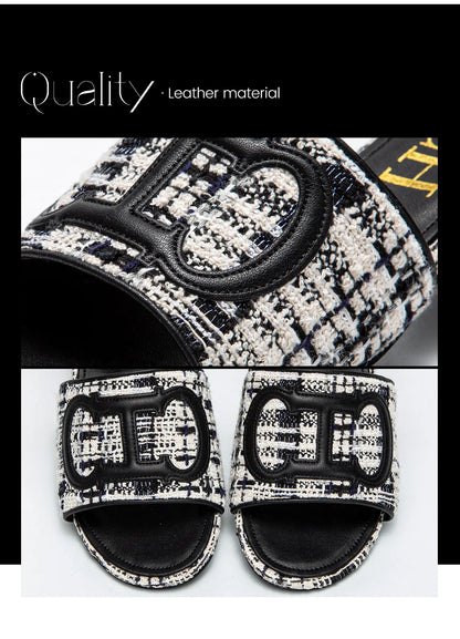 Middle heel square heel slippers fabric fashion casual shoes luxury brand slippers girls street commuter slippers